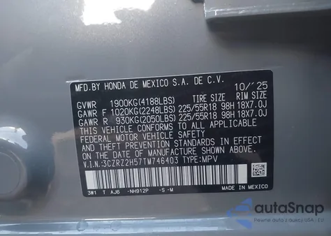 2026 Honda Hr-V Awd Sport z USA, uszkodzony, nr VIN 3CZRZ2H57TM746403